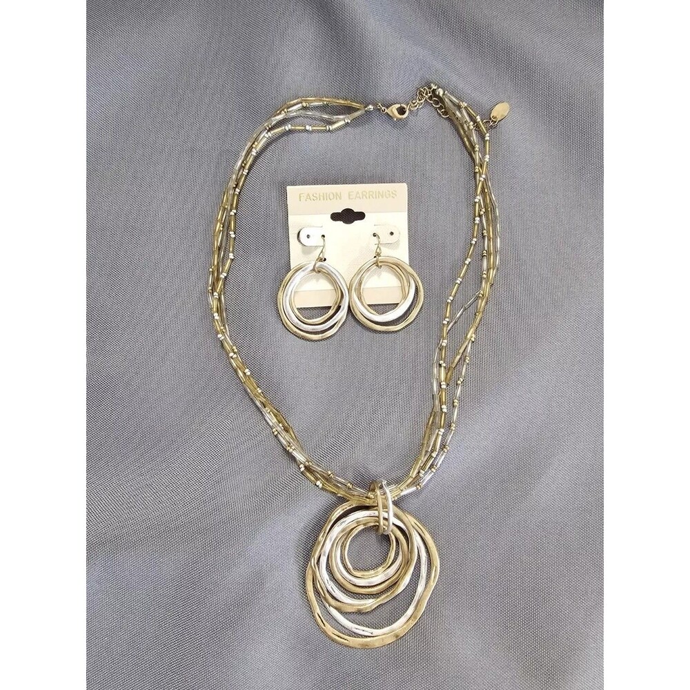 Vtg Necklace & Earrings Signed Laura Ashley Pendant Gold Silver Chain 18-20”